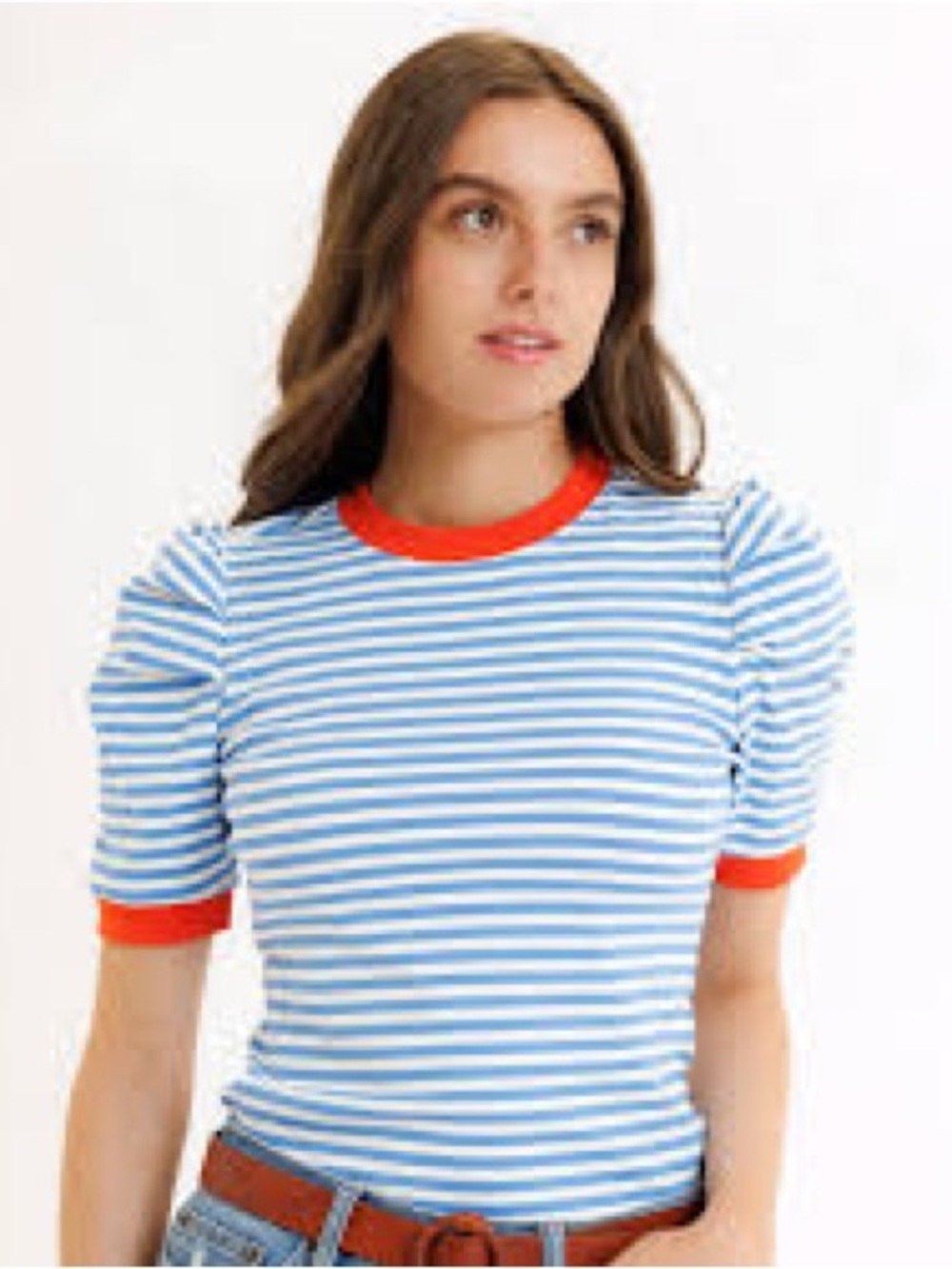 Maeve Blue & White Striped Puff Sleeve Tee with Orange Trim
